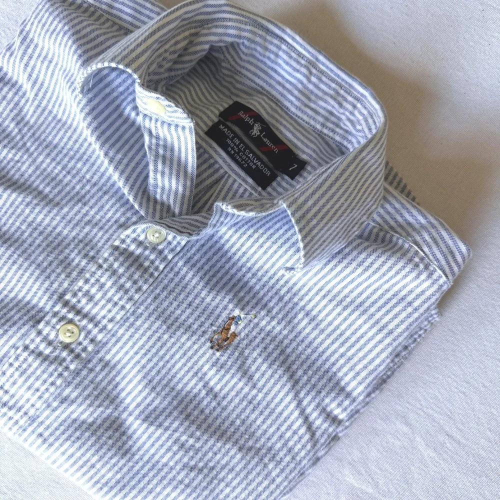 Ralph Lauren Boys Size 7 Blue White Striped‎ Oxford Shirt Pony Logo Button Down